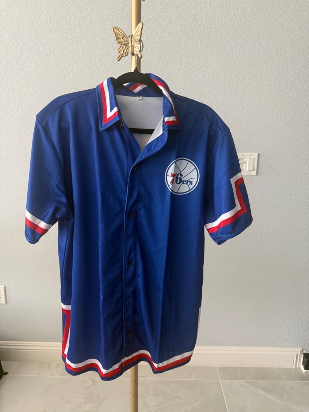 Men's 76ers Blue Short-Sleeve Button Shirt